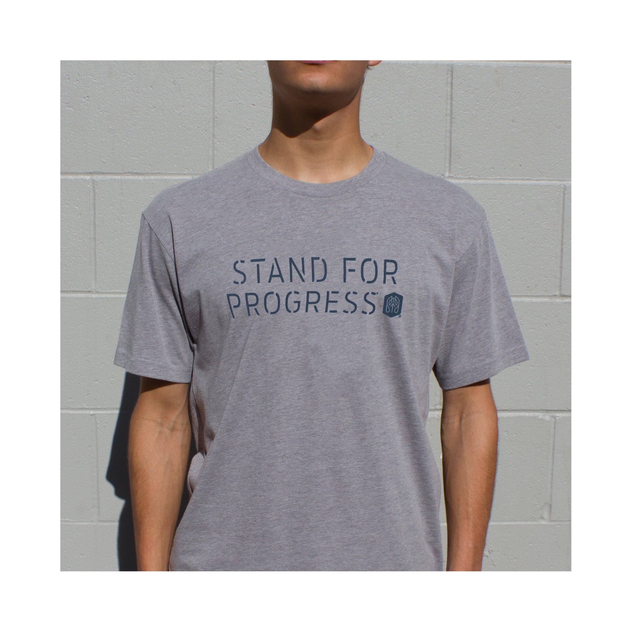 Dark_Heather_Gray - Stand For Progress T shirt Front on Model